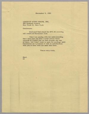 [Letter from D. W. Kempner to Liberty Music Shops, Inc., December 3, 1952]