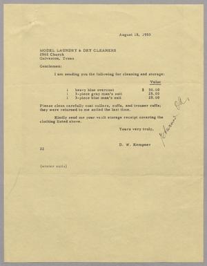 [Letter from D. W. Kempner to Model Laundry & Dry Cleaners, August 18, 1953]