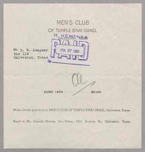 [Invoice for the Dues of 1953 by Men's Club of Temple B'Nai Israel]