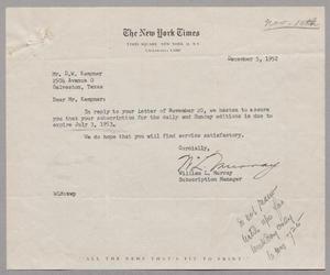 [Letter from The New York Times to D. W. Kempner, December 5, 1952]