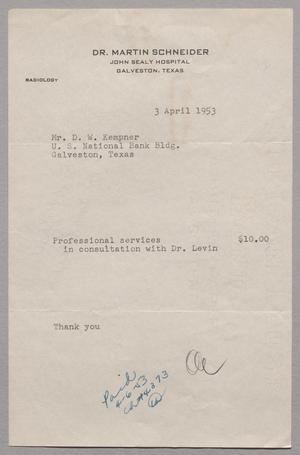 [Invoice for Professional Services from John Sealy Hospital, April 3, 1953]