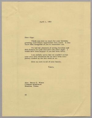 [Letter from D. W. Kempner to Mrs. Harry C. Wiess, April 1, 1953]