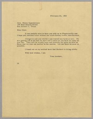 Primary view of object titled '[Letter from D. W. Kempner to Mrs. Henry Oppenheimer, February 23, 1953]'.
