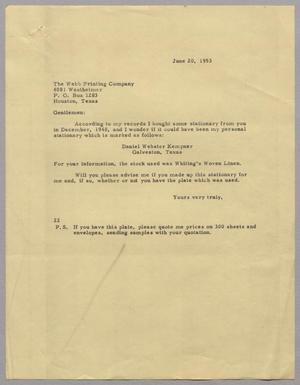 [Letter from D. W. Kempner to The Webb Printing Company, June 20, 1953]