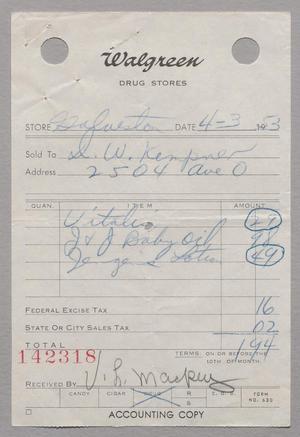 [Invoice from Walgreen to D. W. Kempner, April 3, 1953]