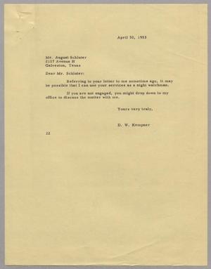 [Letter from D. W. Kempner to Mr. August Schluter, April 30, 1953]