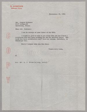 [Letter from D. W. Kempner to August Schulter, November 19, 1952]