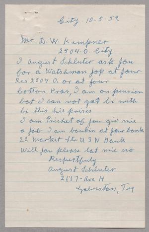 [Letter from August Schluter to Mr. D. W. Kempner, October 5, 1952]