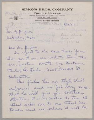 [Handwritten letter from Simons Bros. Company to Daniel W. Kempner, April 14, 1953]