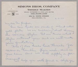 Primary view of object titled '[Handwritten letter from the Simons Bros. Company to Daniel W. Kempner, April 9, 1953]'.