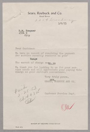 [Letter from Sears, Roebuck and Co. to D. W. Kempner, March 6, 1953]