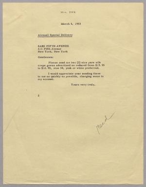[Letter from Mrs. DWK to Saks Fifth Avenue, March 4, 1953]