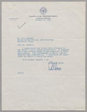 [Letter from Executive Department to D. W. Kempner, January 21, 1953]