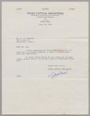 [Letter from Texas Cotton Industries to D. W. Kempner, June 20, 1953]