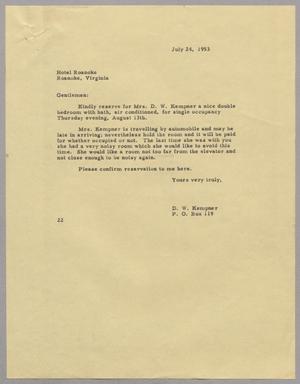 [Letter from D. W. Kempner to Hotel Roanoke, July 24, 1953]