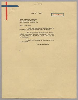 [Letter from Mrs. DWK to Pearline Quinine, March 7, 1953]