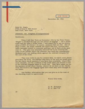[Letter from D. W. Kempner to Hotel St. Regis, December 28, 1953]