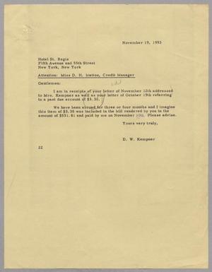 [Letter from D. W. Kempner to Hotel St. Regis, November 19, 1953]
