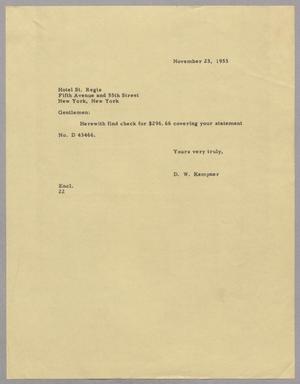 [Letter from D. W. Kempner to Hotel St. Regis, November 23, 1953]