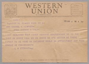 Primary view of object titled '[Telegram from L. R. Stewart to Jeane Kempner, August 4, 1953]'.