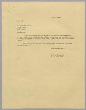 [Letter from D. W. Kempner to Albert Pike Hotel, July 8, 1954]