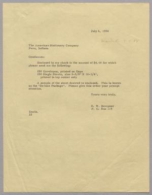 [Letter from D. W. Kempner to The American Stationery Company, July 6, 1954]