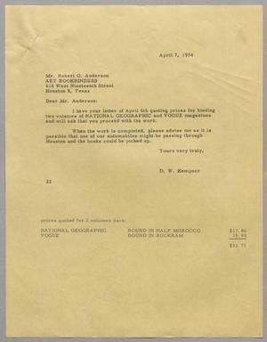 [Letter from D. W. Kempner to Robert O. Anderson, April 7, 1954]