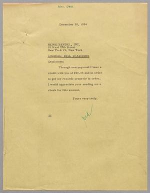 [Letter from D. W. Kempner to Henri Bendel, Inc., December 30, 1954]