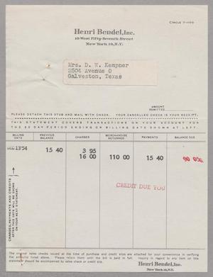 [Invoice for Balance Due to Henri Bendel, Inc., December 1954]