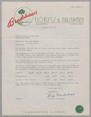 [Letter from Bradshaw's Florists & Nurserymen to the United States National Bank, November 19, 1954]