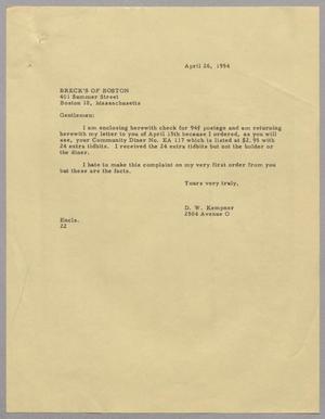[Letter from D. W. Kempner to Breck's of Boston, April 26, 1954]