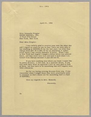 [Letter from Jeane Kempner to Jeannette Riegler, April 21, 1954]