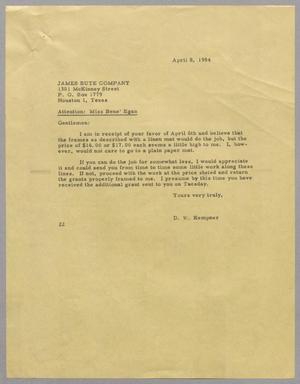 [Letter from D. W. Kempner to James Bute Company, April 8, 1954]