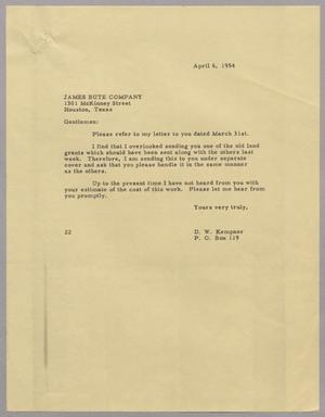 [Letter from D. W. Kempner to James Bute Company, April 6, 1954]