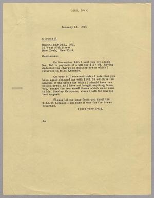[Letter from Jeane Kempner to Henri Bendel Inc, January 23, 1954]