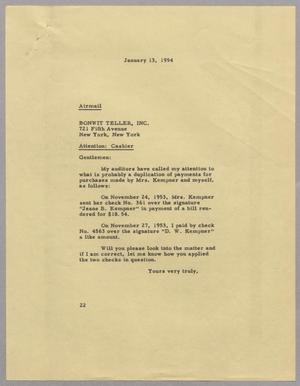 [Letter from D. W. Kempner to Bonwit Teller, Inc., January 13, 1954]