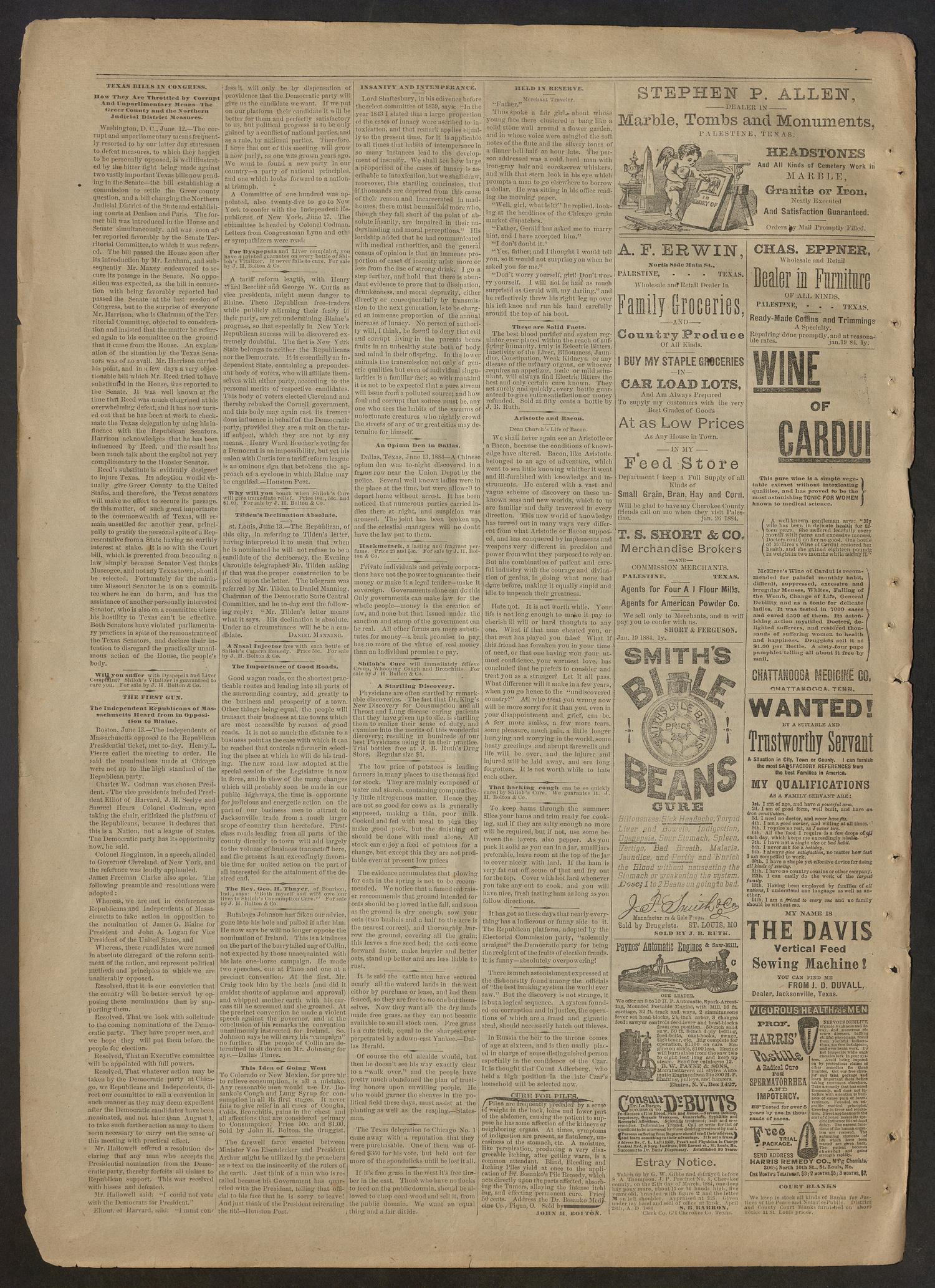 The Jacksonville Intelligencer. (Jacksonville, Tex.), Vol. 1, No. 23, Ed. 1 Friday, June 20, 1884
                                                
                                                    [Sequence #]: 4 of 4
                                                