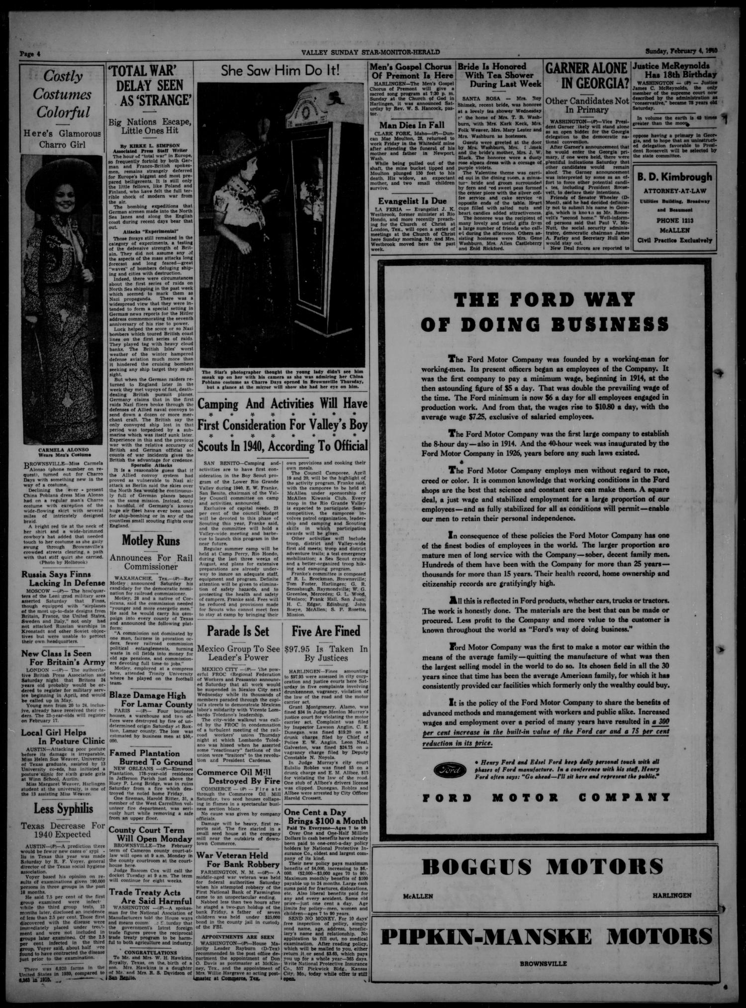 Valley Sunday Star-Monitor-Herald (Harlingen, Tex.), Vol. 3, No. 30, Ed. 1 Sunday, February 4, 1940
                                                
                                                    [Sequence #]: 4 of 22
                                                