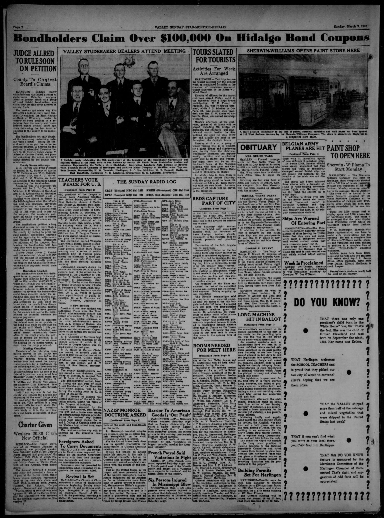 Valley Sunday Star-Monitor-Herald (Harlingen, Tex.), Vol. 3, No. 34, Ed. 1 Sunday, March 3, 1940
                                                
                                                    [Sequence #]: 2 of 36
                                                