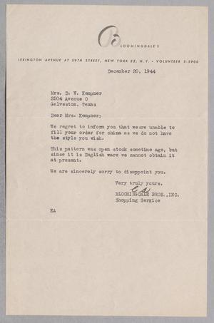 [Letter from E. A. Bloomingdale to Jeane Kempner, December 20, 1944]