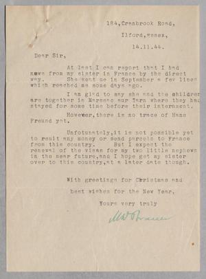 [Letter from M. W. Brauer to D. W. Kempner, November 14, 1944]