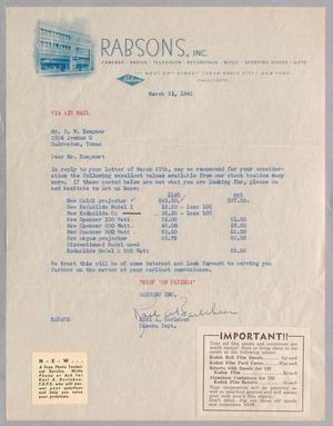[Letter from Rabsons, Inc. to D. W. Kempner, March 31, 1942]