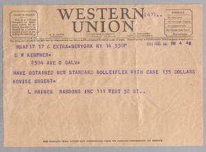 [Telegram from Rabsons, Inc., to D. W. Kempner, August 14, 1941]