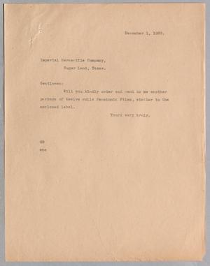 [Letter from Daniel W. Kempner to Imperial Mercantile Company, December 1, 1938]