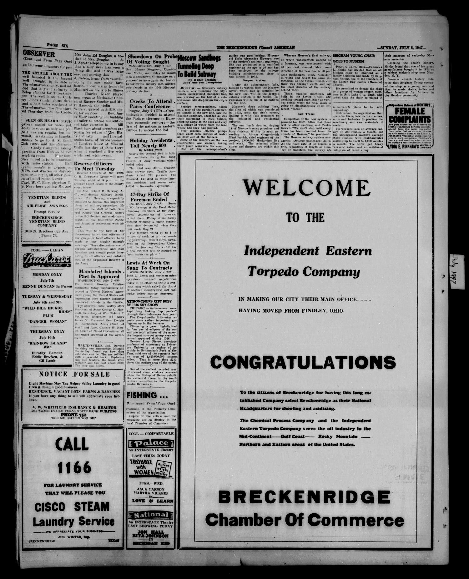 Breckenridge American (Breckenridge, Tex.), Vol. 27, No. 151, Ed. 1 Monday, July 7, 1947
                                                
                                                    [Sequence #]: 6 of 6
                                                