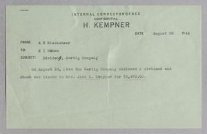 [Message from A. H. Blackshear to R. I. Mehan, August 28, 1944]
