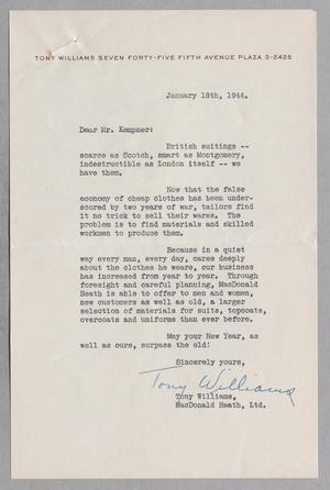 [Letter from Tony Williams to D. W. Kempner, January 18, 1944]