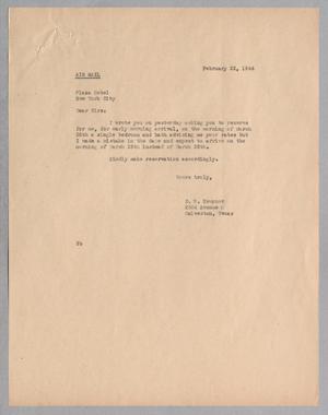 [Letter from Daniel W. Kempner to Plaza Hotel, February 22, 1944]
