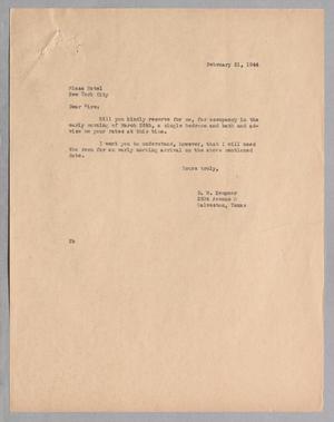 [Letter from Daniel W. Kempner to Plaza Hotel, February 21, 1944]