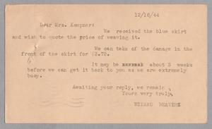 [Letter from Wizard Weavers to Jeane Kempner, December 16, 1944]